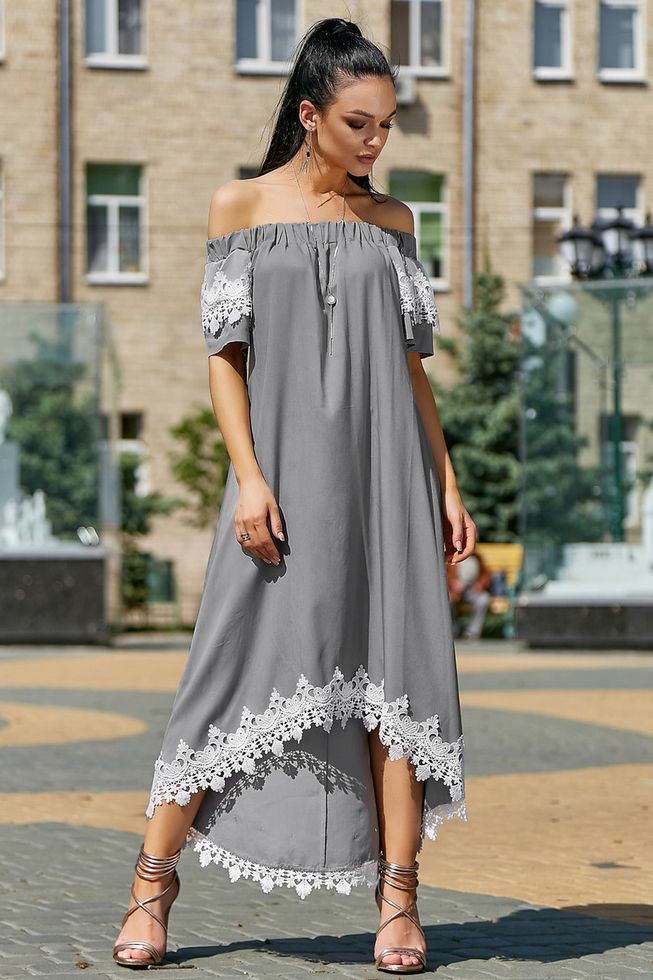 Роскошное Платье со Шлейфом и Открытыми Плечами Коттон Серое М-2XL