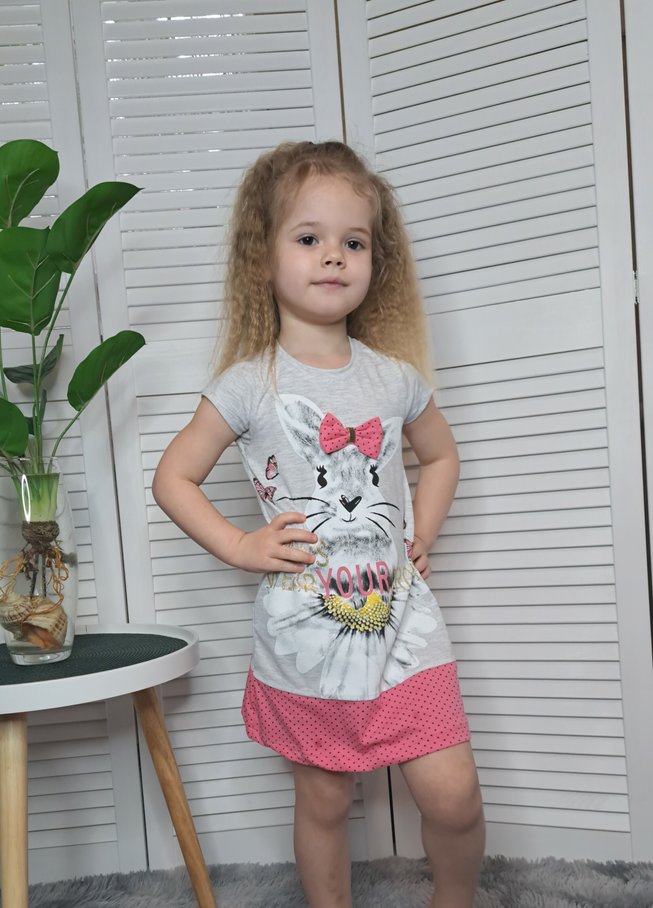 Нежное Летнее Платье для Девочек Кролик Серое с Розовым Рост 92-116 см