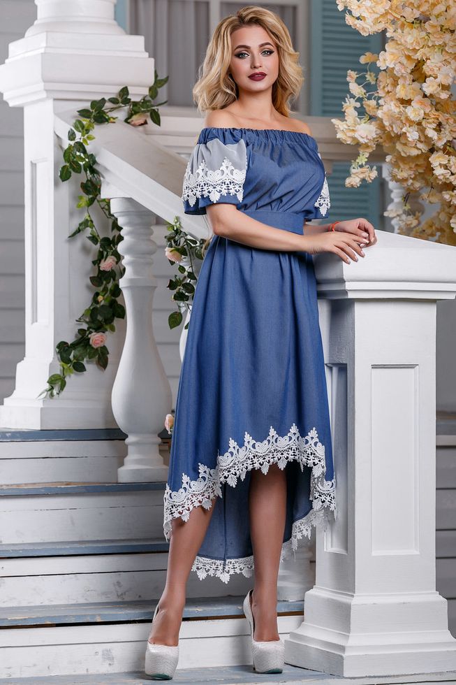Роскошное Платье со Шлейфом и Открытыми Плечами Коттон Синее М-2XL