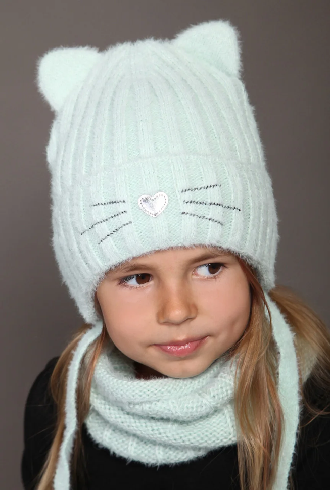 Гарна Зимова Шапка на Зав'язках для Дівчаток Пухнаста Пряжа Кішка ОГ 50-54 (3-7 років)