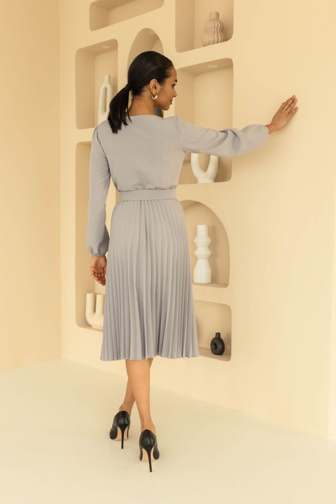 Нарядное Платье Миди с Юбкой Плиссе Коричневое S-M, L-XL, 2XL-3XL