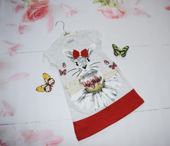 Нежное Летнее Платье для Девочек Кролик Серое с Красным Рост 92-116 см