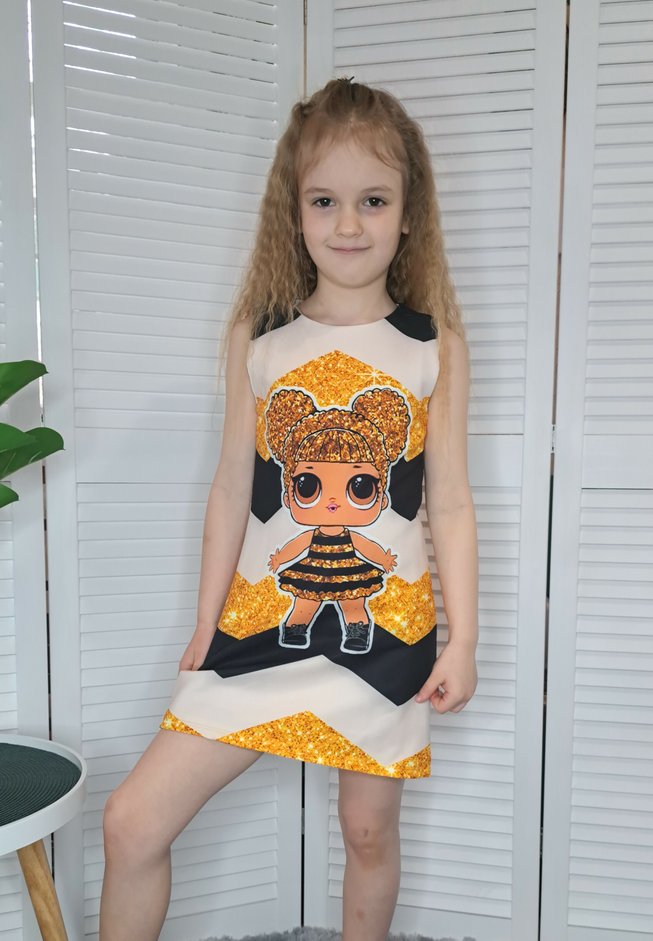 Сарафан для Девочки Золотистый на Подкладке Кукла ЛОЛ Пчелка Рост 98-140 см