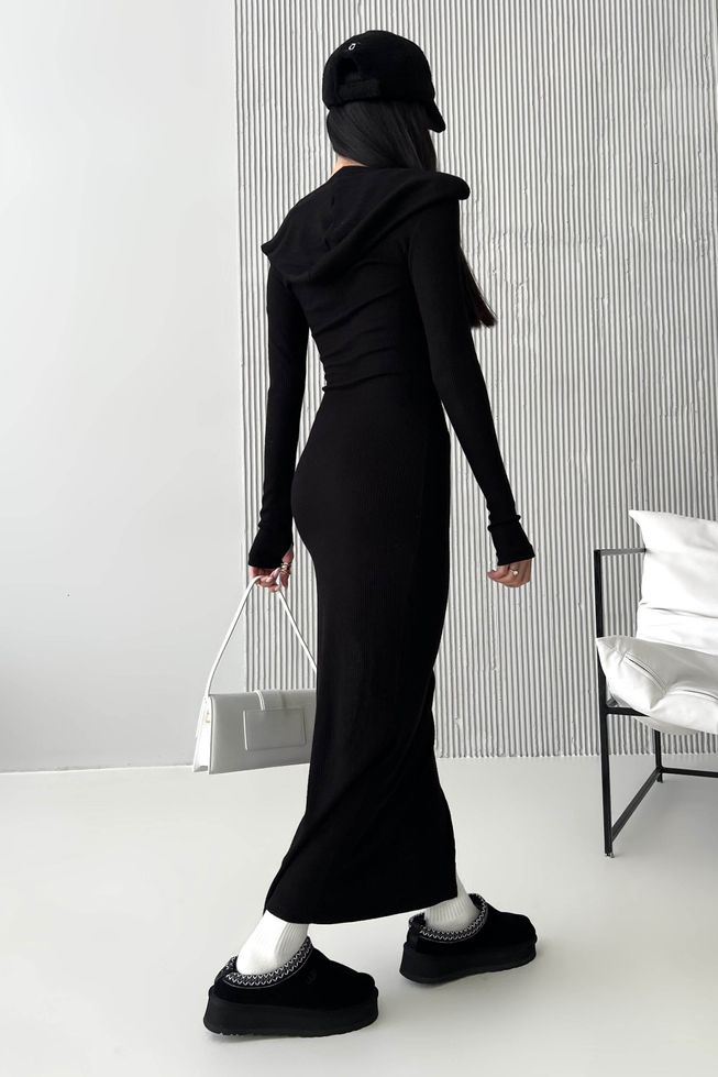 Длинное Ангоровое Платье с Капюшоном Облегающее Черное XS, S, M, L, XL, 2XL