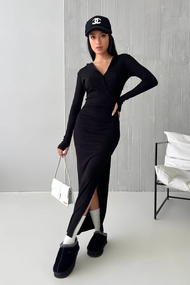 Длинное Ангоровое Платье с Капюшоном Облегающее Черное XS, S, M, L, XL, 2XL