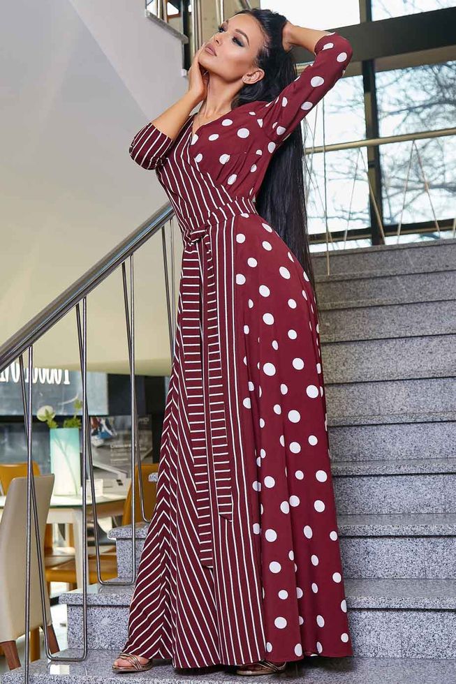 Эффектное Длинное Платье на Запах Марсала в Крупный Горох и Полоску S-M, L-XL, 2XL-3XL