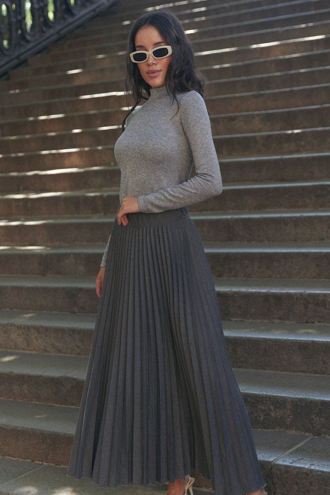 Графітова Плісирована Спідниця Довга Модна S-M, L-XL, 2XL-3XL 6569 фото