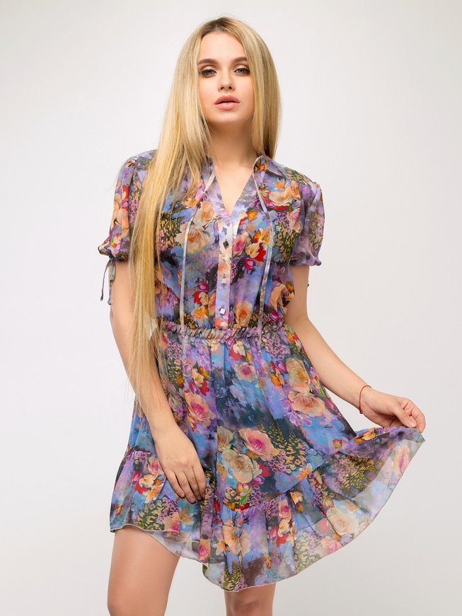 Короткое Шифоновое Платье Женское Ассиметричное Голубое с Цветочным Принтом XS-S, L-XL