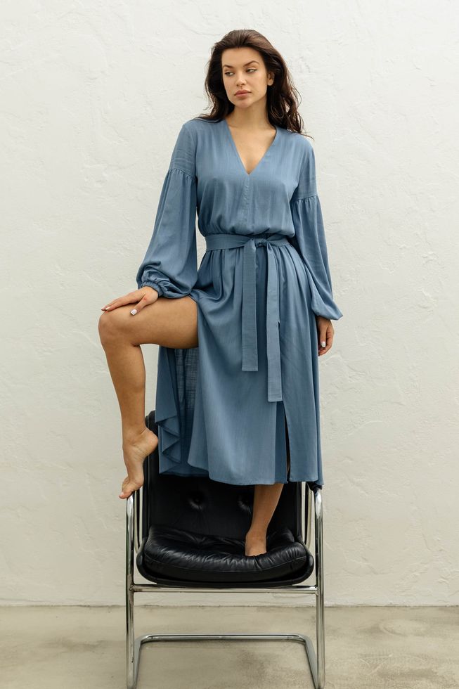 Романтична Сукня Міді з пишними рукавами та розрізами Блакитна S-M, L-XL, 2XL-3XL, 2XL-3XL