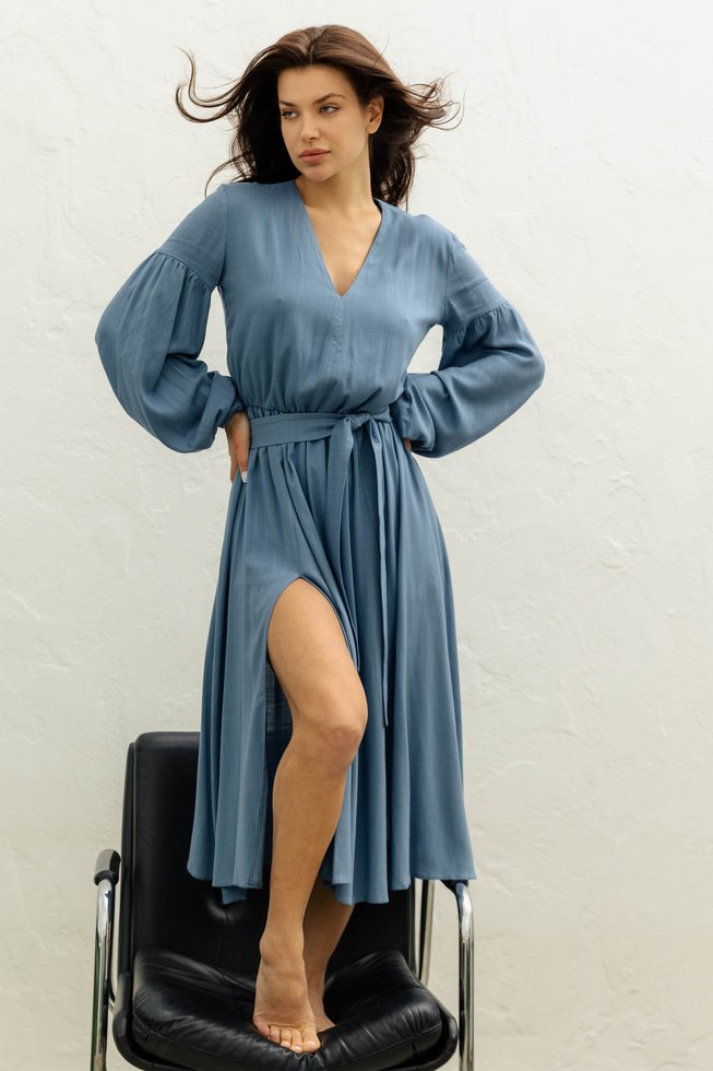 Романтична Сукня Міді з пишними рукавами та розрізами Блакитна S-M, L-XL, 2XL-3XL, 2XL-3XL