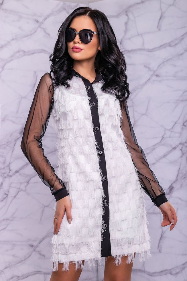 Модное Платье Рубашка с Бахромой и Рукавами из Сеточки Белое M-2XL
