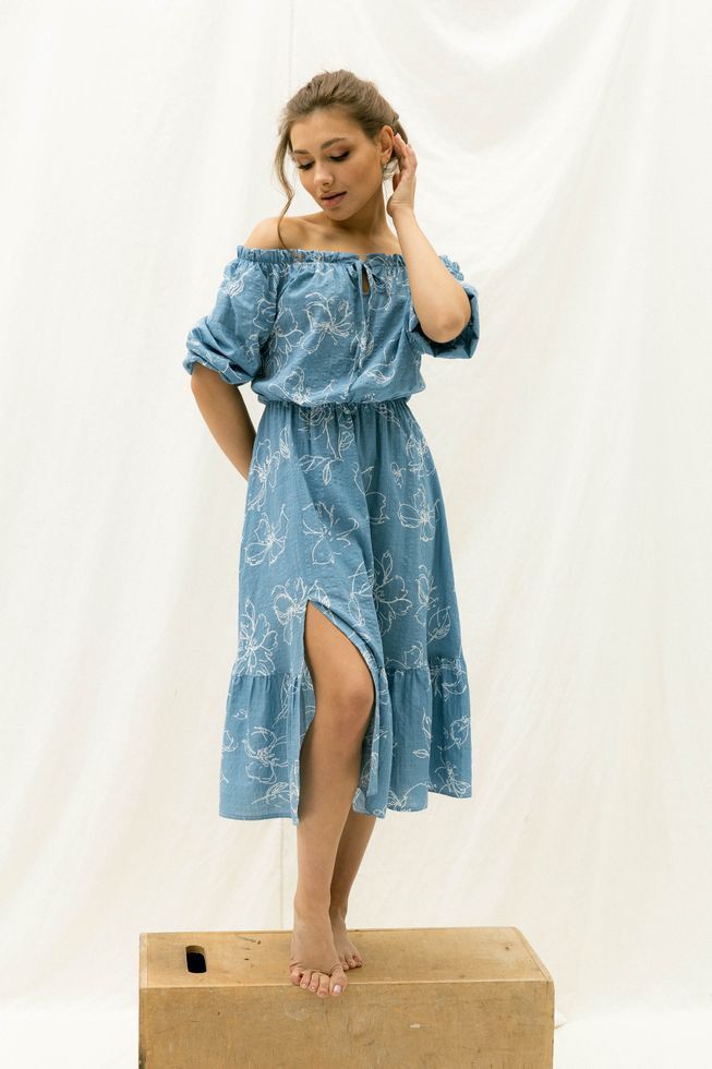Нежное Платье из Хлопка Летнее Открытые Плечи Фиолетовое S-M, L-XL, 2XL-3XL 6279 фото