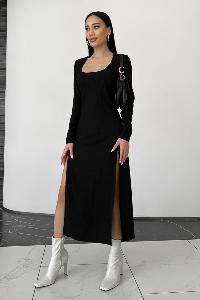 Модное Длинное Платье с Разрезами и Декольте Черное р.XS, S, M, L, XL, 2XL, 2XL
