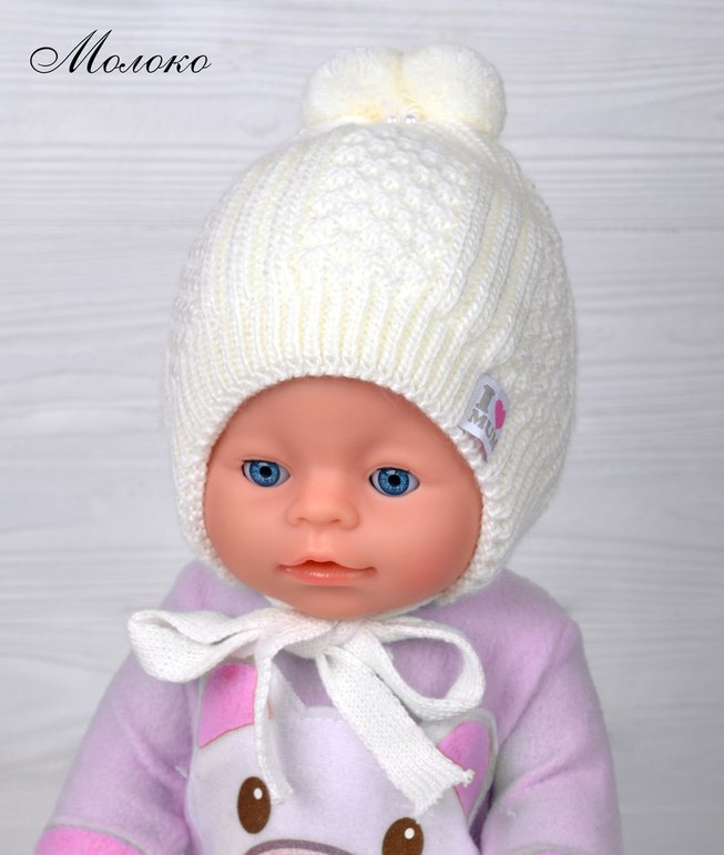Зимняя Детская Шапка на Меху для Девочек Крошка Белая Молочная, Розовая ОГ 35-39 (0-2 месяца)