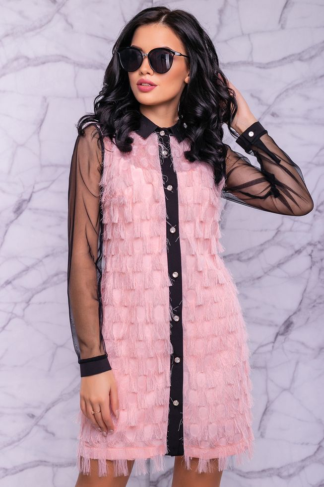 Модное Платье Рубашка с Бахромой и Рукавами из Сеточки Персиковое M-2XL