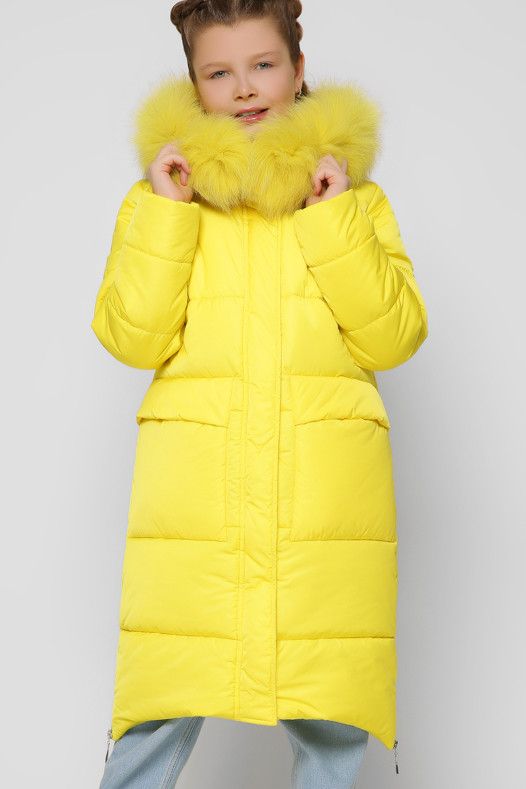 Подовжена Куртка для Дівчаток Підліткова на Зиму з Написом на Спині Жовта Р.  32