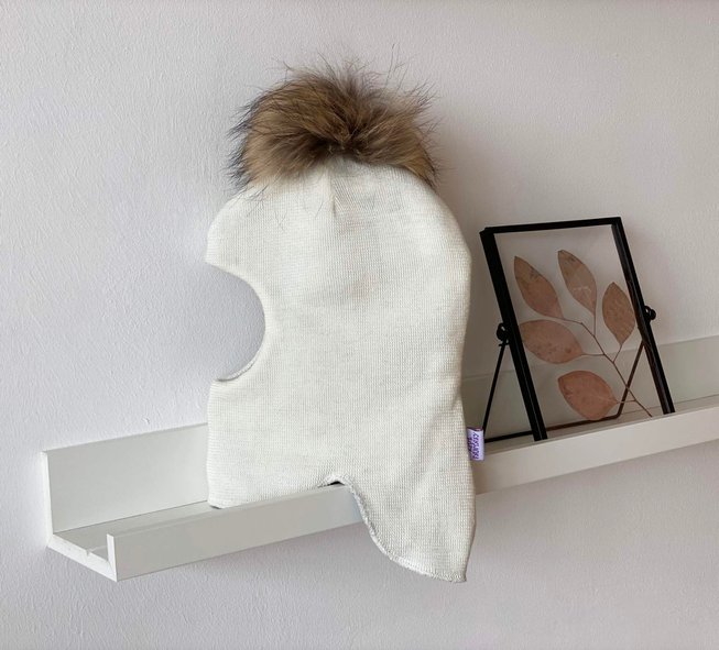Зимняя Шапка -Шлем для Малышей Пряжа с Шерстью "Nord" Молочная на ОГ 46-48, 48-50, 48-50