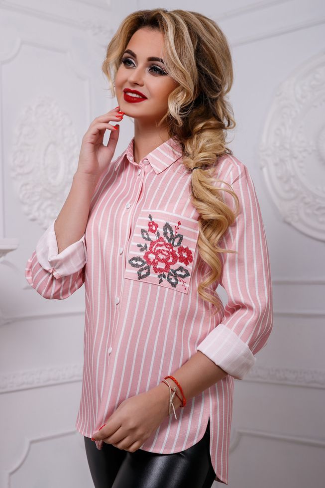 Хлопковая Женская Рубашка в Полоску с Вышивкой на Кармане Розовая р.М, L, XL, 2XL