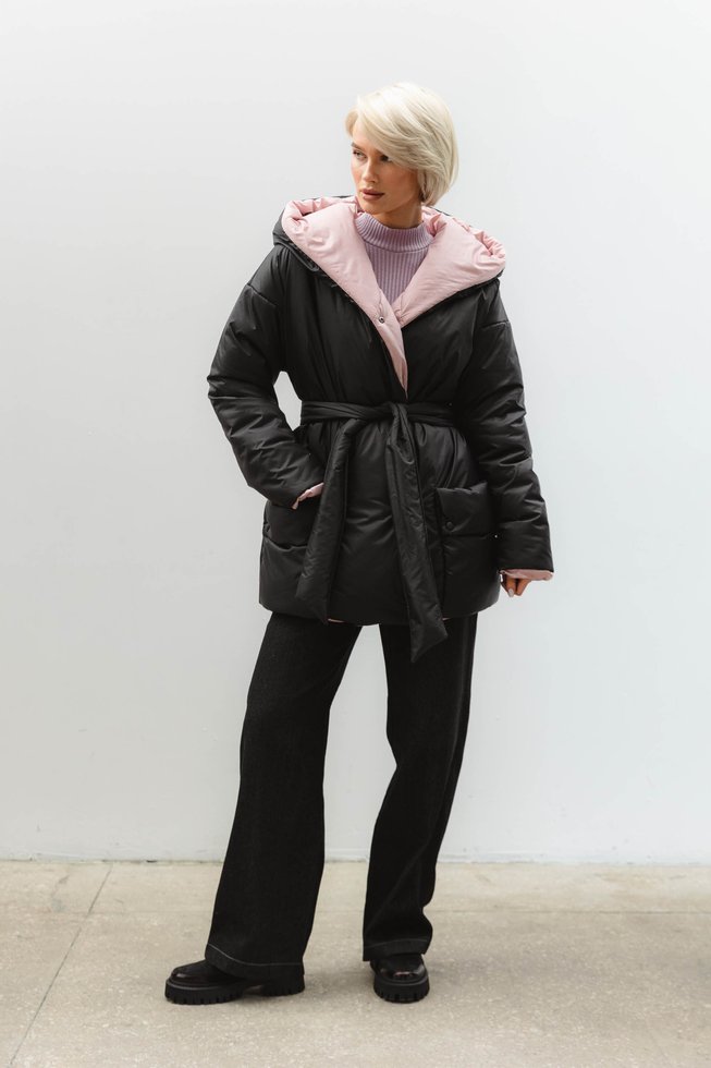 Зимова Двостороння Куртка з Капюшоном Жіноча Чорна/Рожева S-M, L-XL