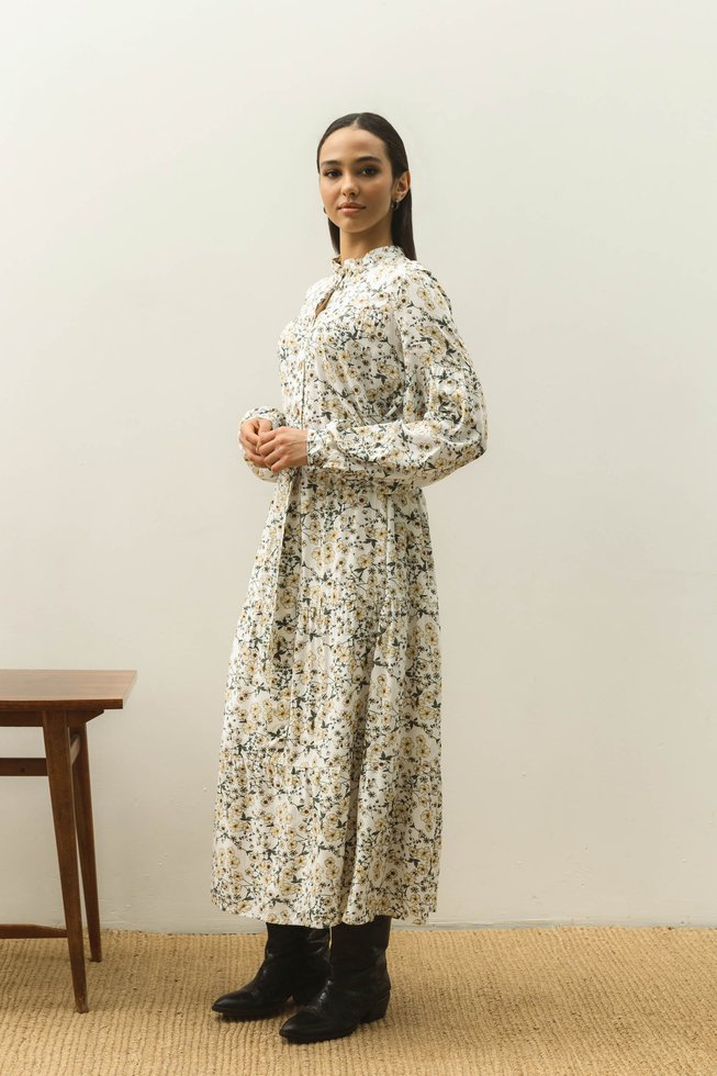 Свободное Пышное Платье из Штапеля с Цветочным Принтом Молочное S-M, L-XL, L-XL
