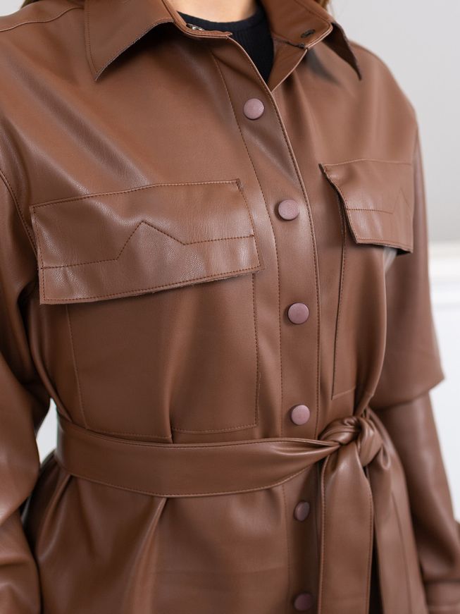 Стильная Женская Рубашка из Экокожи Шоколадная под Поясок на Кнопках р.S-М, L-XL
