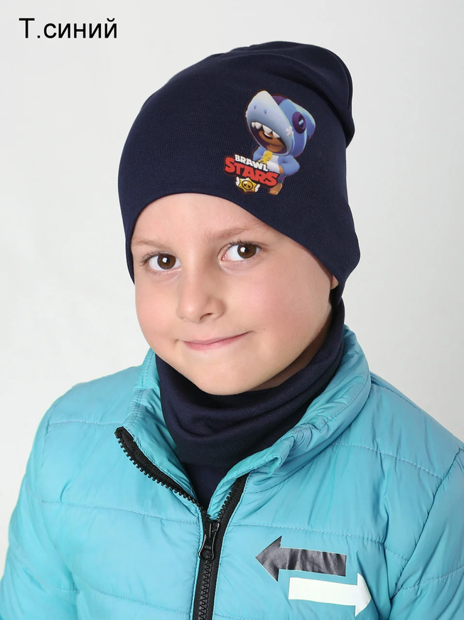 Модный Комплект для Мальчика Шапка+Хомут "Brawl Stars Леон Хамелион" ОГ 52-55 (на 5-8 лет)