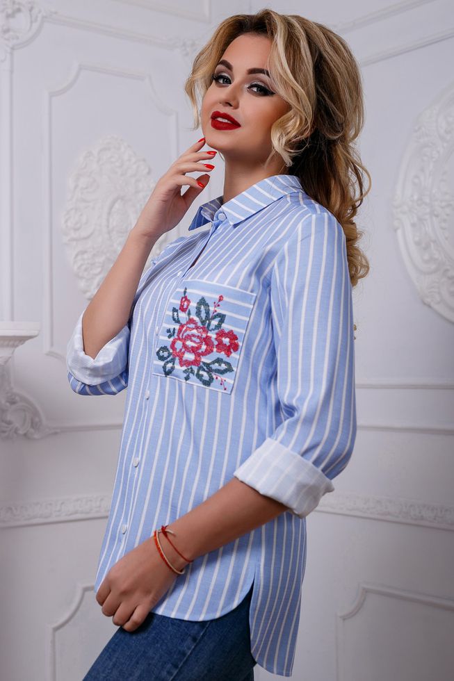 Хлопковая Женская Рубашка в Полоску с Вышивкой на Кармане Голубая р.XL