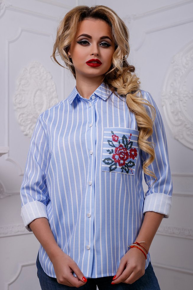 Хлопковая Женская Рубашка в Полоску с Вышивкой на Кармане Голубая р.XL