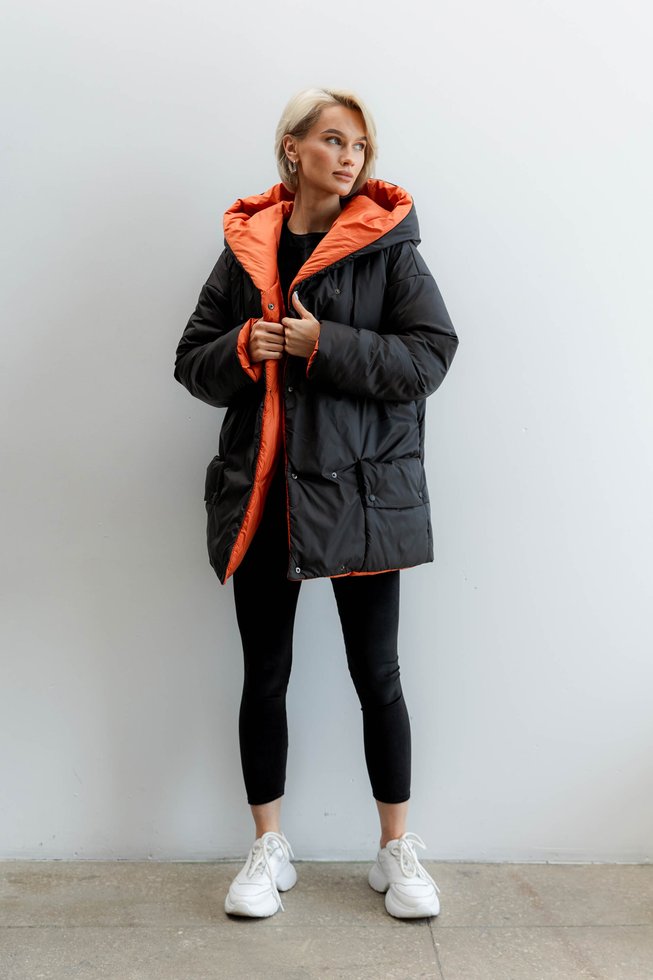 Зимова Двостороння Куртка з Капюшоном Жіноча Чорна/Теракот S-M, L-XL