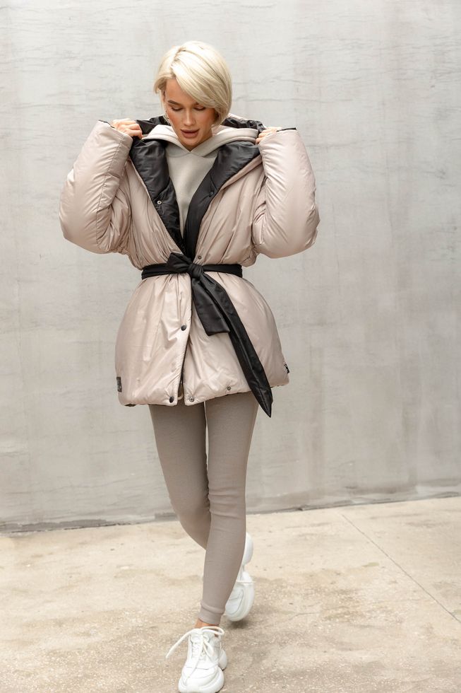 Зимняя Двухсторонняя Куртка с Капюшоном Женская Черная/Бежевая S-M, L-XL