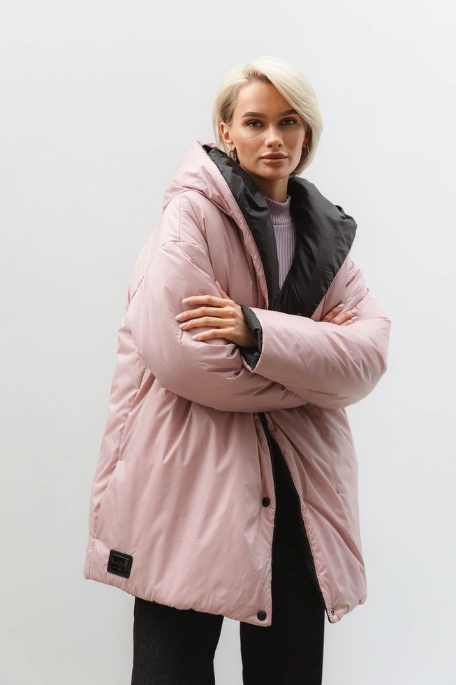 Зимняя Двухсторонняя Куртка с Капюшоном Женская Черная/Бежевая S-M, L-XL