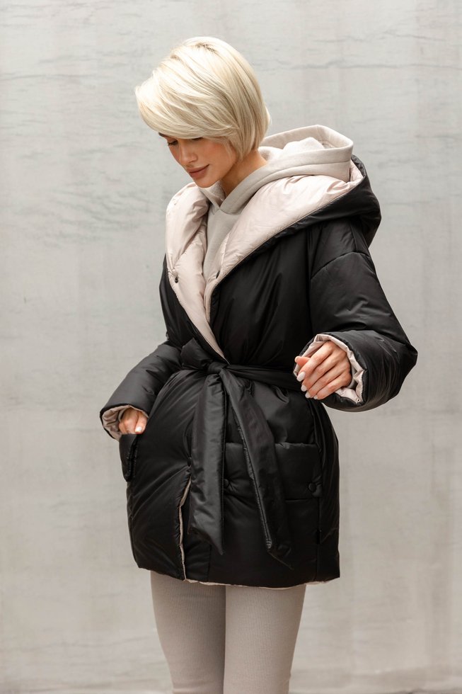 Зимова Двостороння Куртка з Капюшоном Жіноча Чорна/Бежева S-M, L-XL