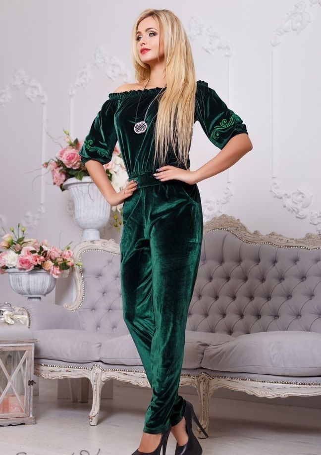 Роскошный Велюровый Комбинезон Изумрудний р.S-M, L-XL 6619 фото