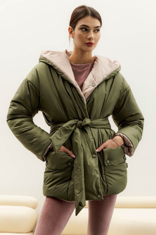 Зимова Двостороння Куртка з Капюшоном Жіноча Оливкова/Бежева S-M, L-XL 6364 фото