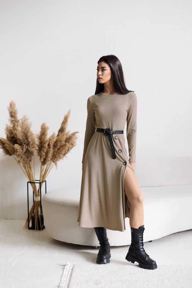 Модна Демісезонна Сукня Розкльошена з Розрізом Коричневе р.S-M, L-XL, L-XL