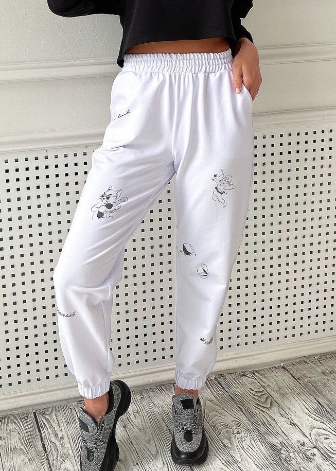 Модные Женские Брюки-Джоггеры Белые с Принтом Трикотажные S-M, L-XL