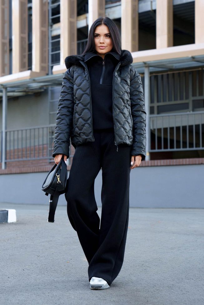 Короткая Женская Зимняя Куртка с Меховым Капюшоном Черная S-M, L-XL