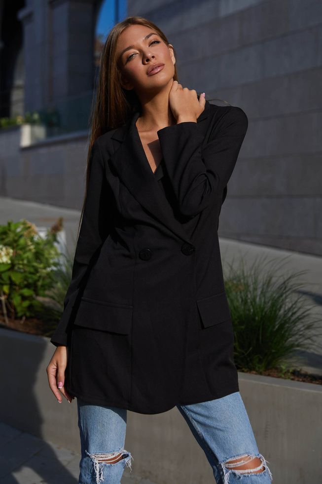Чорний Ефектний Піджак Подовжений Жіночий р.S, M, L, XL, XL