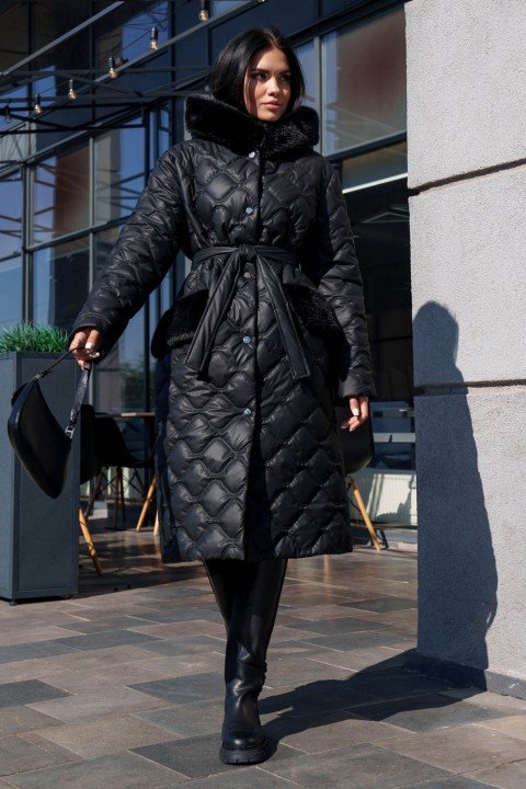 Женское Зимнее Пальто с Капюшоном и Опушкой Черное S-M, L-XL, L-XL