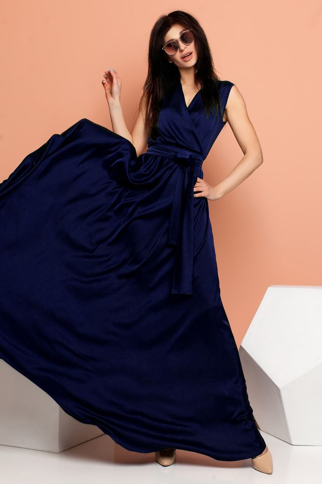 Струящееся Шелковое Платье Длинное на запах Темно-Синее р.S, М, L, XL