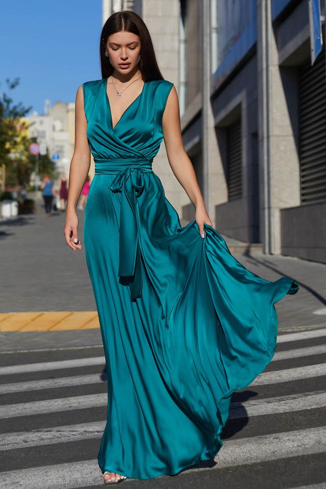 Струящееся Шелковое Платье Длинное на запах Темно-Синее р.S, М, L, XL