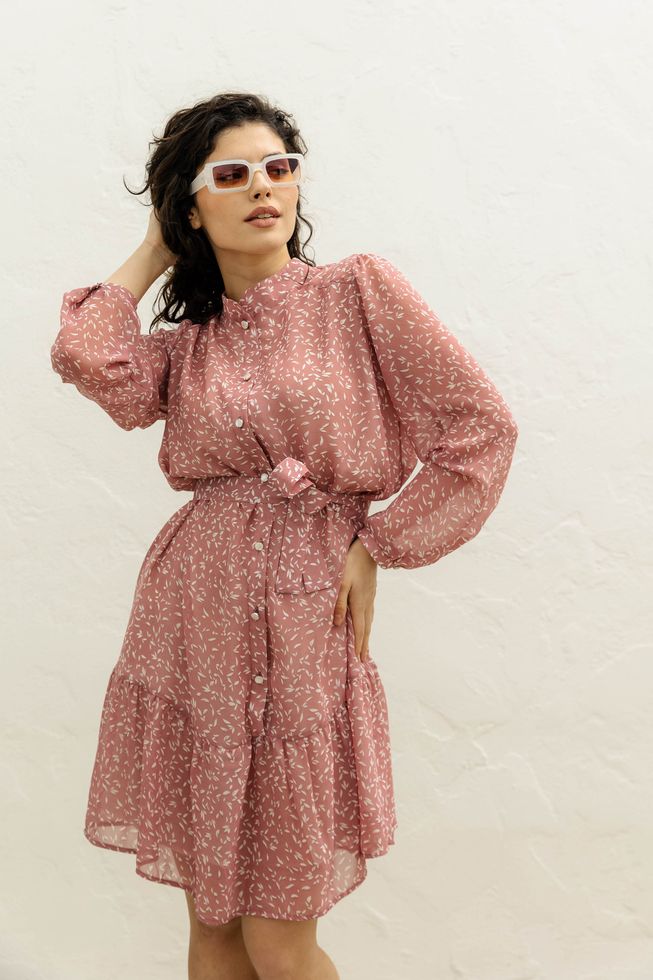 Пышное Шифоновое Платье Короткое на Пуговицах Розовое S-M, L-XL, 2XL-3XL