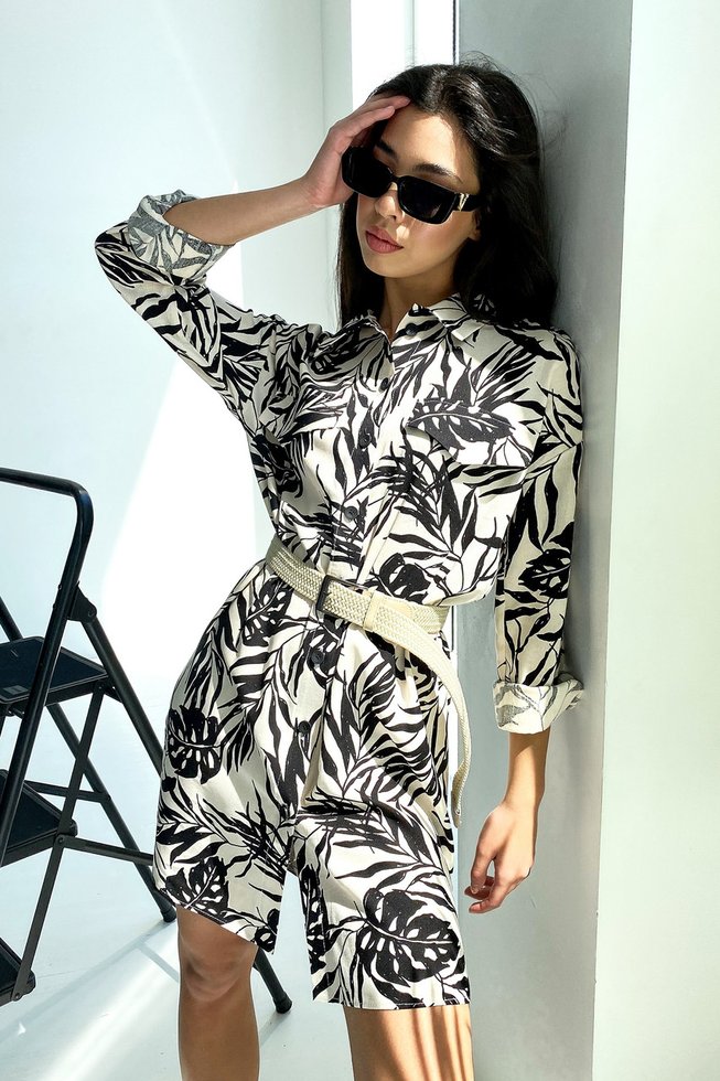 Летнее Платье-Рубашка из Льна Черное с Листьями S-M, L-XL
