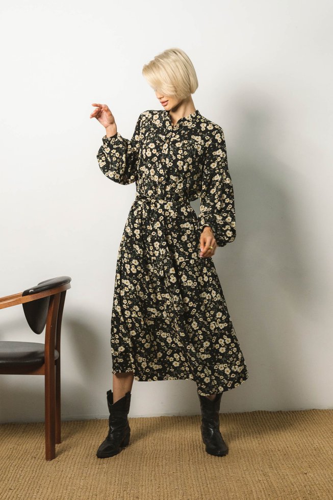 Свободное Пышное Платье из Штапеля с Цветочным Принтом Черное S-M, L-XL, L-XL