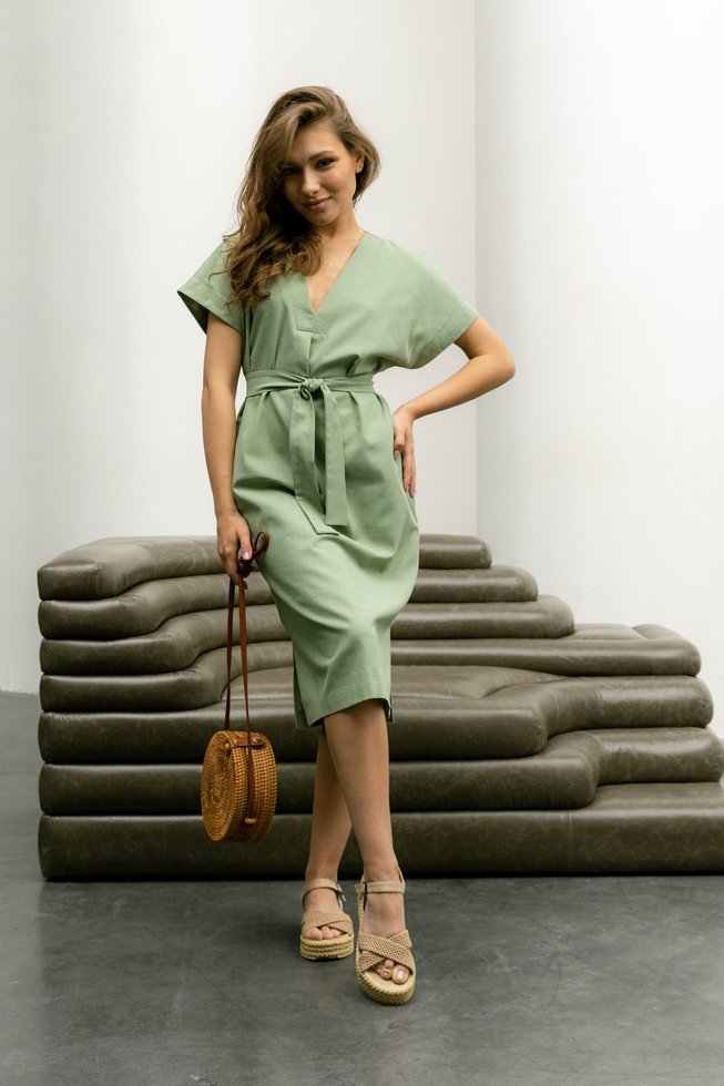 Коротка Елегантна Сукня з Льону під Пояс Зелена S-M, L-XL, 2XL-3XL, 2XL-3XL
