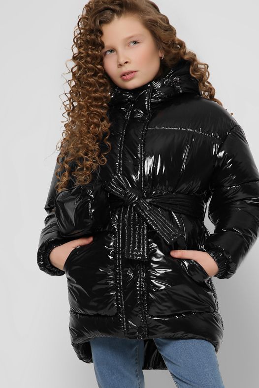 Лаковая Модная Куртка для Девочки на Зиму Чёрная Р.30-44