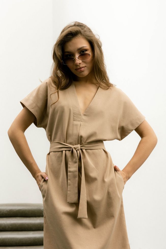 Короткое Элегантное Платье из Льна под Пояс Розовое S-M, L-XL, 2XL-3XL 6284 фото
