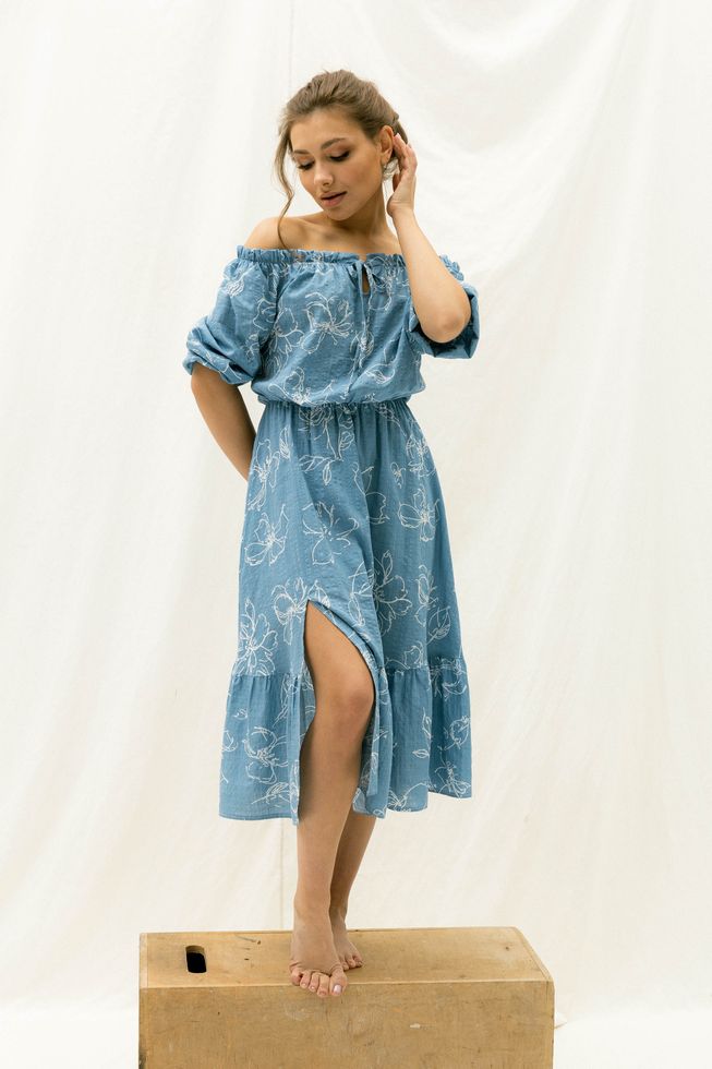 Нежное Платье из Хлопка Летнее Открытые Плечи Голубое S-M, L-XL, 2XL-3XL