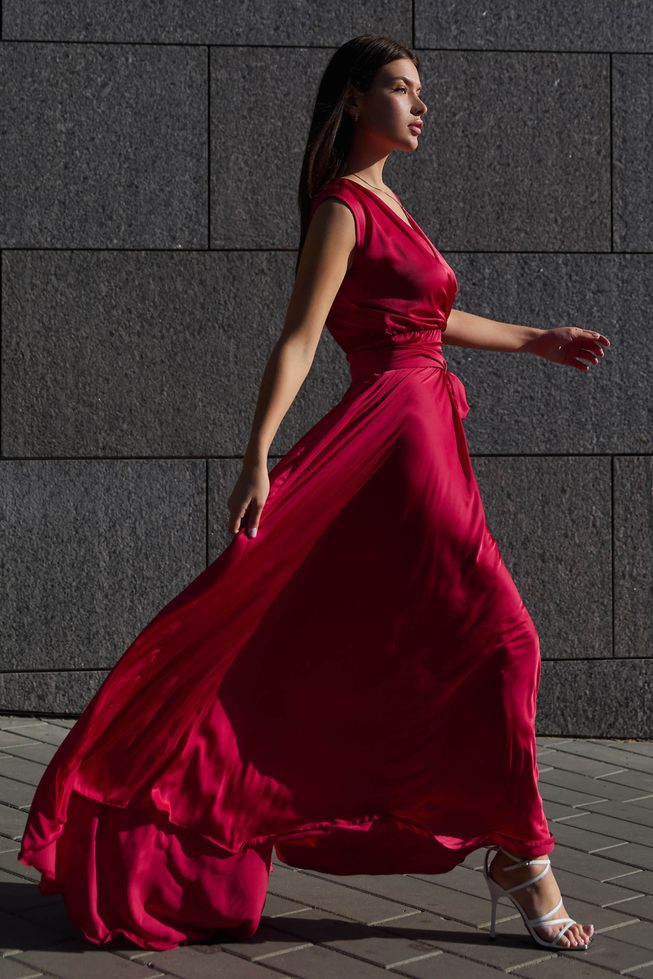 Струящееся Шелковое Платье Длинное на запах Марсала р.S, М, L, XL