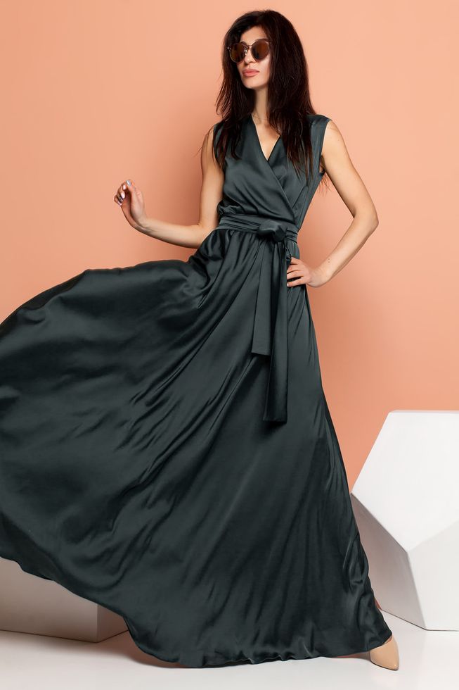 Струящееся Шелковое Платье Длинное на запах Черное р.S, М, L, XL